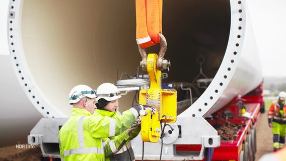 Zwei Arbeiter mit Bauhelmen begutachten einen Kranhaken vor einem riesigen Bauteil eines Windkraftwerks. © Screenshot 