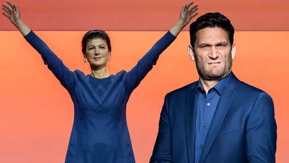 Sahra Wagenknecht, daneben Christian Ehring. Große Versprechen, k(l)eine Wirkung. (extra 3 vom 16.01.2025 im Ersten) © NDR 