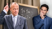 Friedrich Merz vor einer Tafel. Daneben Christian Ehring. Mathe mit Merz. (extra 3 vom 16.01.2025 im Ersten) © NDR 