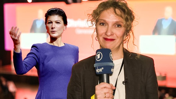 Sahra Wagenknecht vom Bündnis Sahra Wagenknecht. Daneben Reporterin Katja Kreml. Gas, Wodka, Wahlkampf! (extra 3 vom 16.01.2025 im Ersten) © NDR 