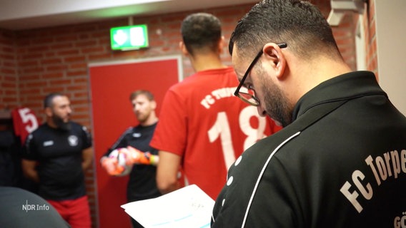 Der Trainer steht mit Fußballspielern in der Kabine. © Screenshot 