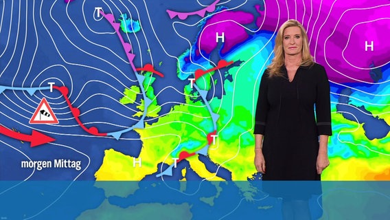 Eine Meteorologin steht vor einer Wettergrafik. © Screenshot 