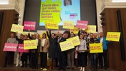 Politiker und Politikerinnen der FDP stehen auf einem Podium und halten Plakate hoch. © Screenshot 