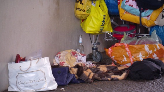 Viele volle Tüten, ein Einkaufswagen und eine leere Flasche- der Besitz eines obdachlosen Menschen. © Screenshot 