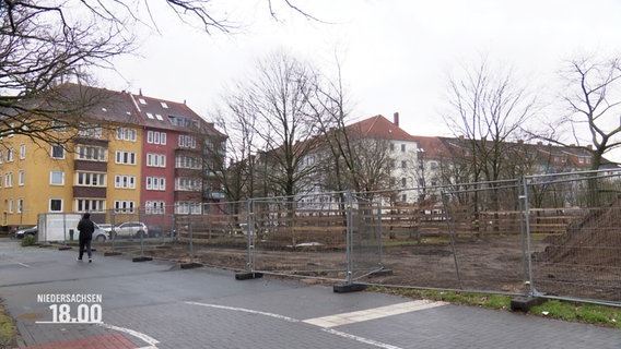 Neben einer Straße in einem Wohngebiet wird auf einem abgezäunten Gebiet ein kleiner Wald mit einigen kleineren Bäumen gepflanzt. © Screenshot 