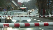 An einem Bahnübergang wartet eine Autoschlange vor geschlossenen Schranken. © Screenshot 