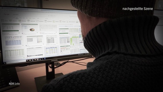 Blick über die Schulter eines Mannes in Rollkragenpullover, der an einem PC arbeitet. © Screenshot 