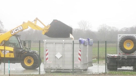 Ein Radlader lädt den Inhalt seiner Baggerschaufel in einen größeren Container ab. © Screenshot 