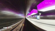 In Geschwindigkeit aufgenommenes Bild der U-Bahn-Haltestelle "Hafencity" der Linie U4 (Quelle: privat). Blick auf die Gleise. © Screenshot 