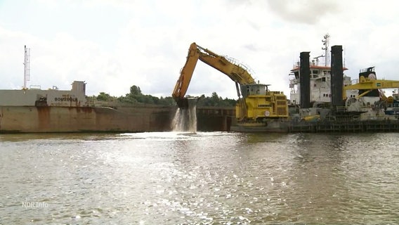 Ein Bagger arbeitet von einem schwimmenden Ponton aus. © Screenshot 