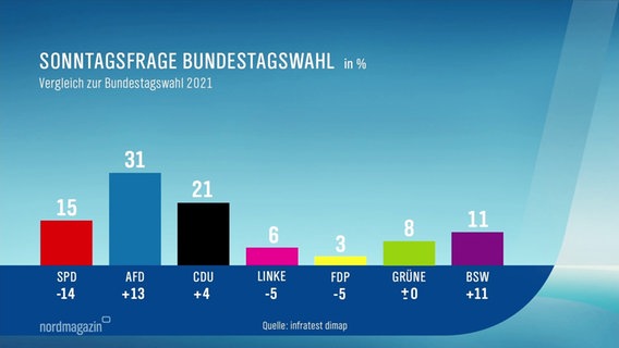 Die aktuellen Ergebnisse einer Wahlumfrage für das Land Mecklenburg-Vorpommern sind in einem Balkendiagramm dargestellt. Stärkste Kraft ist die AfD mit 31% der Stimmen. © Screenshot 