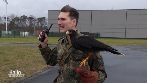 Der Falklandkarakara Carlos und sein Falkner auf dem Fliegerhorst Wunstorf. © Screenshot 