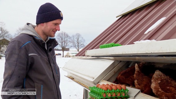 Steffen Thudt versucht auf seinem Hof im Vorharz die Eier der Hennen einzusammeln. © Screenshot 