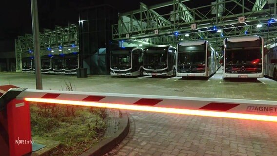 Linienbusse auf einem Parkplatz hinter einer leuchtenden Schranke. © Screenshot 