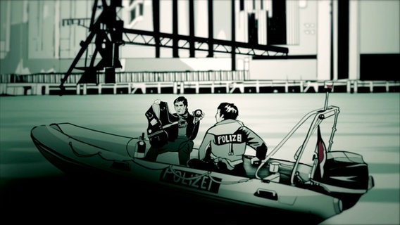 Ein Polizeiboot mit Hafen im Hintergrund, Illustration © Screenshot 