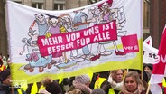 Demonstrierende mit einem Banner mit der Aufschrift: "Mehr von uns ist besser für alle". © Screenshot 