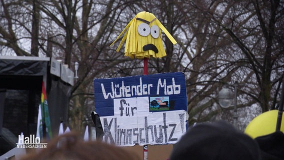 Protestschild bei einer Demonstration: Ein Wischmopp mit Gesicht und darunter der Sprch "Wütender Mob für mehr Klimaschutz". © Screenshot 