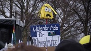 Protestschild bei einer Demonstration: Ein Wischmopp mit Gesicht und darunter der Sprch "Wütender Mob für mehr Klimaschutz". © Screenshot 