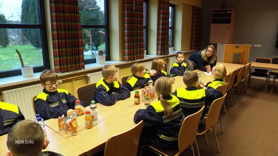 Die Kinderfeuerwehr in Marne sitzt in Arbeitskleidung an einem Tisch. © Screenshot 