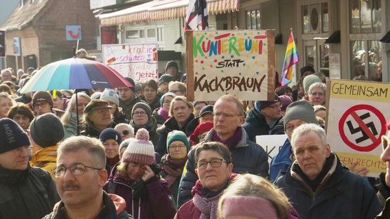 Demonstranten mit bunten Plakaten. © Screenshot 