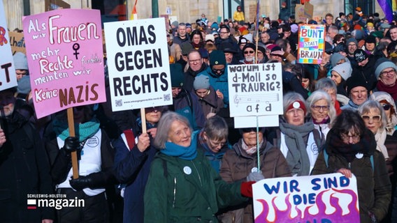 Eine Menschenmenge mit Protestplakaten demonstirert gegen Rechtsextremismus. © Screenshot 