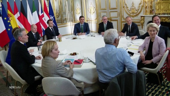 Teilnehmende europäische Politikerinnen und Politiker sitzen beim Ukraine-Sonder-Gipfel in Paris um einen runden Tisch. © Screenshot 