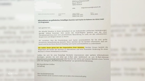 Ein Brief der Rostocker Ausländerbehörde. © Screenshot 