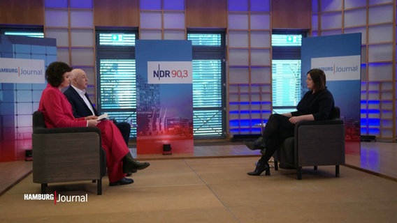 Annika Sepeur und Oliver Wutke vom NDR interviewen Katharina Fegebank (Grüne). © Screenshot 