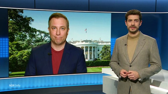 Der Moderator Daniel Anibal Bröckerhoff im Studio spricht mit dem zugeschalteten Journalisten Torben Börgers in Washington. © Screenshot 