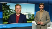 Der Moderator Daniel Anibal Bröckerhoff im Studio spricht mit dem zugeschalteten Journalisten Torben Börgers in Washington. © Screenshot 