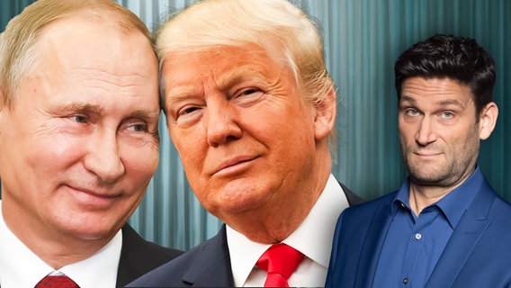 Russlands Präsident Wladimir Putin und US-Präsident Donald Trump Kopf an Kopf. Daneben Christian Ehring. (extra 3 vom 20.02.2025 im Ersten) © NDR 