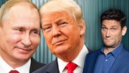 Russlands Präsident Wladimir Putin und US-Präsident Donald Trump Kopf an Kopf. Daneben Christian Ehring. (extra 3 vom 20.02.2025 im Ersten) © NDR 