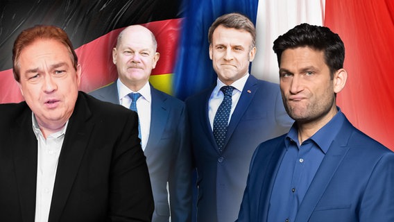 Oliver Kalkofe, Bundeskanzler Olaf Scholz und Frankreichs Präsident Emmanuel Macron. Daneben Christian Ehring. (extra 3 vom 20.02.2025 im Ersten) © NDR 