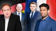 Oliver Kalkofe, Bundeskanzler Olaf Scholz und Frankreichs Präsident Emmanuel Macron. Daneben Christian Ehring. (extra 3 vom 20.02.2025 im Ersten) © NDR 