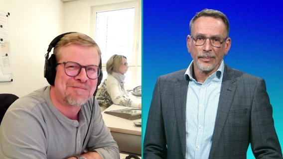 NDR Reporter David Pilgrim (l.) im Gespräch mit NDR Moderator René Steuder. © Screenshot 