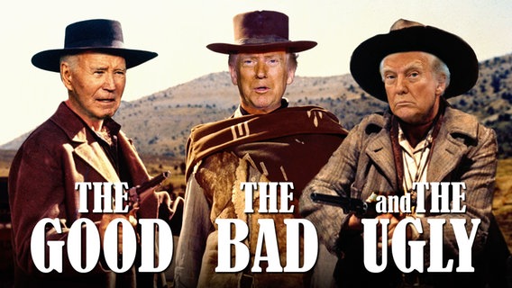 Joe Biden, Donald Trump und Donald Trump in The Good, the Bad and the Ugly. (extra 3 vom 20.02.2025 im Ersten) © NDR 