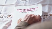 Ein Buch mit dem Titel „Von Portugiesen in Hamburg – 60 Jahre, 60 Geschichten“ liegt auf einer bestickten Tischdecke. © Screenshot 