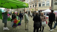 Infostände verschiedener Parteien auf einem Marktplatz. Im Vordergrund ein grüner Stand mit Regenbogenflaggen. Menschen unterhalten sich. © Screenshot 