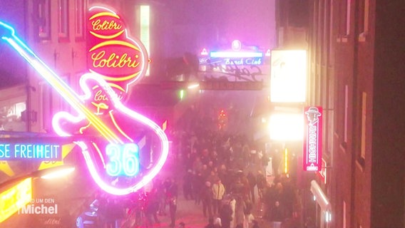 Blick auf viele Leuchtreklamen von Nachtclubs in der Hamburger Großen Freiheit auf der Reeperbahn © Screenshot 