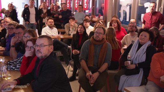 Wenig begeisterte Teilnehmende der SPD-Wahlparty in Schwerin beim Blick auf die Wahlergebnisse © Screenshot 