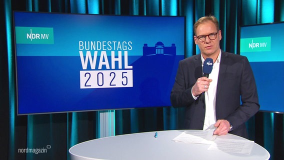 Moderator Thilo Tautz im Studio bei der Sendung zur Bundestagswahl 2025 © Screenshot 