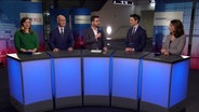 Katharina Beck (Grüne), Alexander Wolf (AfD) NDR Redakteur Sebastian Eberle, Christoph Ploß (CDU) und Aydan Özoğuz (SPD) stehen in einem Fernsehstudio. © Screenshot 