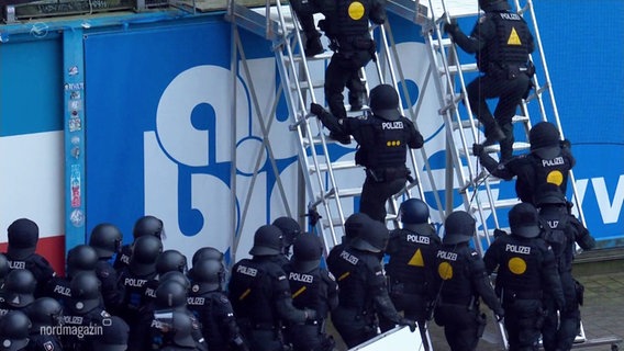 Polizisten stürmen einen Fanblock weil dort Pyrotechnik gezündet und randaliert wurde. © Screenshot 