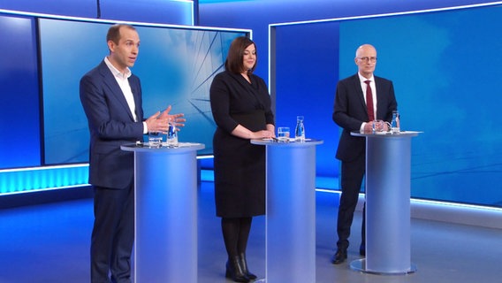 Dennis Thering (CDU), Katharina Fegebank (Grüne) und Peter Tschentscher (SPD) beim Triell zur Hamburger Bürgerschaftswahl. © Screenshot 