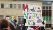 Archivfoto von einer Demonstration. Ein bubtes Schild mit der Aufschrift "Menschlichkeit Vielfalt" wird hochgehalten. © Screenshot 