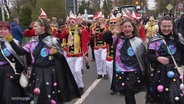 Bunt verkleidete Menschen beim Straßenkarneval in Dömitz winken der Menge zu. © Screenshot 