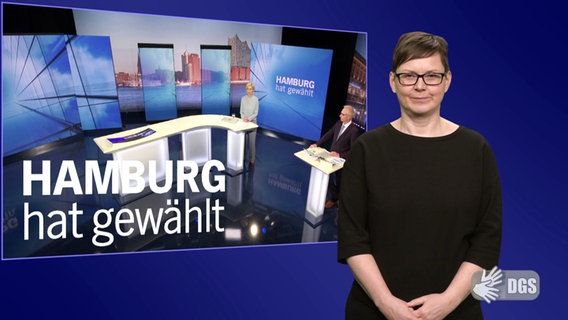 Eine Gebärdendolmetscherin übersetzt "NDR Info - Hamburg hat gewählt" © Screenshot 