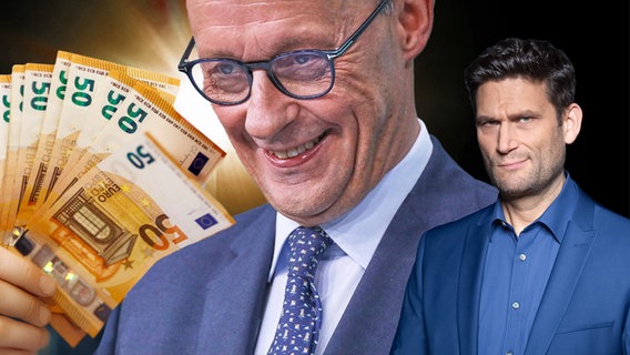 Ein Bündel 50-Euro-Scheine und ein grinsender Friedrich Merz. Daneben Christian Ehring. (extra 3 vom 27.02.2025 im Ersten) © NDR 