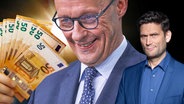 Ein Bündel 50-Euro-Scheine und ein grinsender Friedrich Merz. Daneben Christian Ehring. (extra 3 vom 27.02.2025 im Ersten) © NDR 