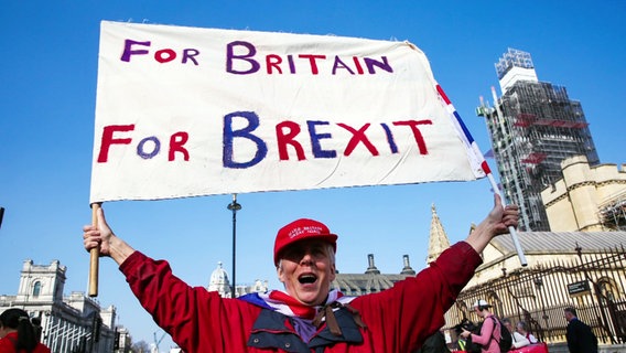 Ein Mann hält ein Plakat hoch ("For Britain, for Brexit"). © Screenshot 